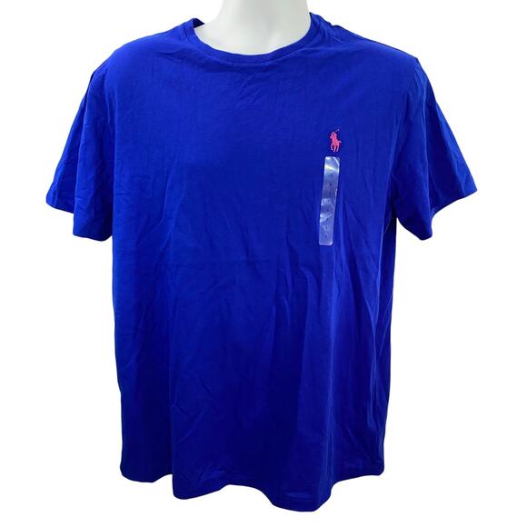 Polo Ralph Lauren Blue T-Shirt Large 22x28 Pink Embroidered Logo Chest Tag - Picture 1 of 7